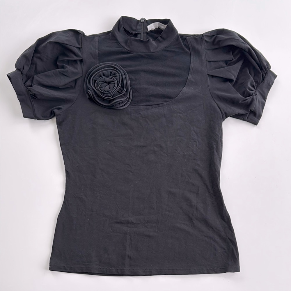 ANNE FONTAINE Black Puff Sleeve Top w/mesh, removable flower brooch, FR size 40